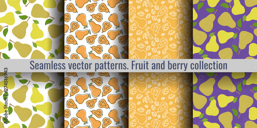 Pear seamless pattern set. Duchess. Fashion design. Fruit print for kitchen tablecloth, curtain or dishcloth. Hand drawn doodle wallpaper. Vector sketch background collection