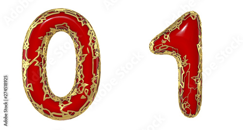 Number set 0, 1 made of realistic 3d render golden shining metallic. Collection of gold shining metallic with red color plastic symbol