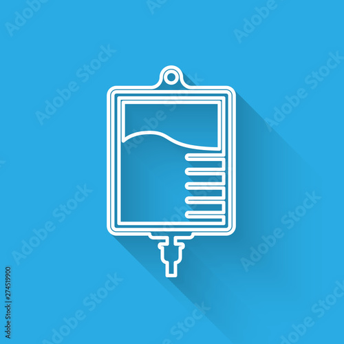 White IV bag icon isolated with long shadow. Blood bag icon. Donate blood concept. The concept of treatment and therapy, chemotherapy. Vector Illustration