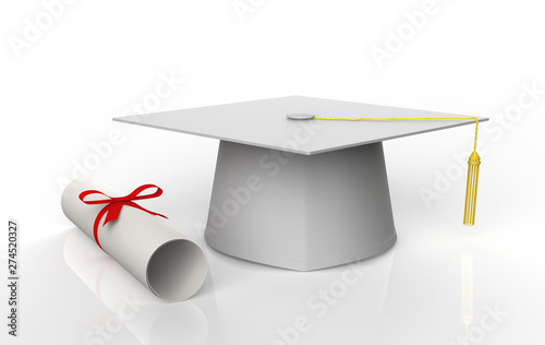 Graduation Cap with Degree Isolated on White Background. 3d illustration