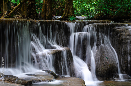Huai Mae Kamin Waterfall in the rainy season at the tropical forest of Kanchanaburi National Park, Thailand