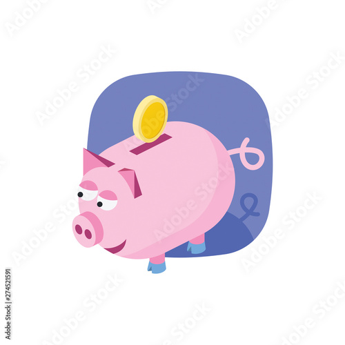 Pig money coins. Vector 3d isometric color icon new flat style. Creative illustration, idea for infographics.
