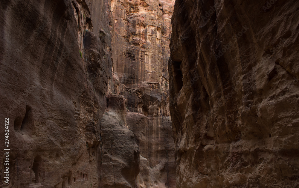 photography inside of canyon in twilight lighting of steep rock walls, USA natural scenic landscape path way object 