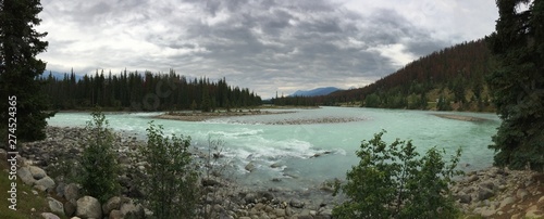 Athabasca River, Jasper National Park. Traveling in Canada. Panorama of a beautiful place. View from shore to water from glacier.