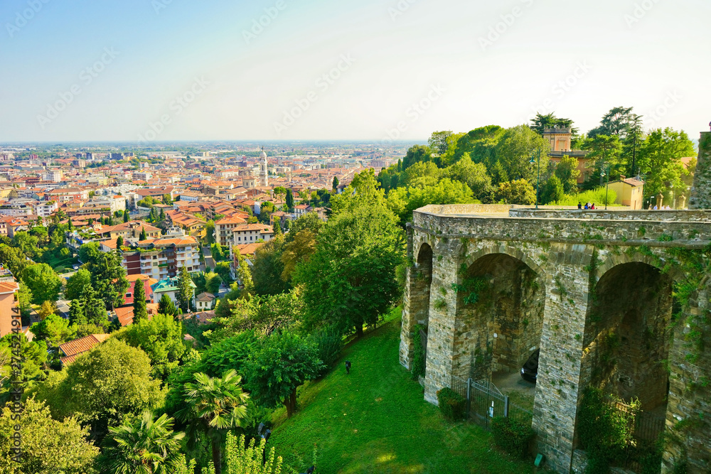 View of the Lower city from the wall of the Upper City in Bergamo, Italy.