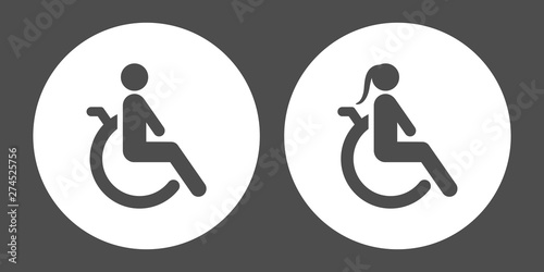 Disabled persons. Man and woman in wheelchair. Vector icons.