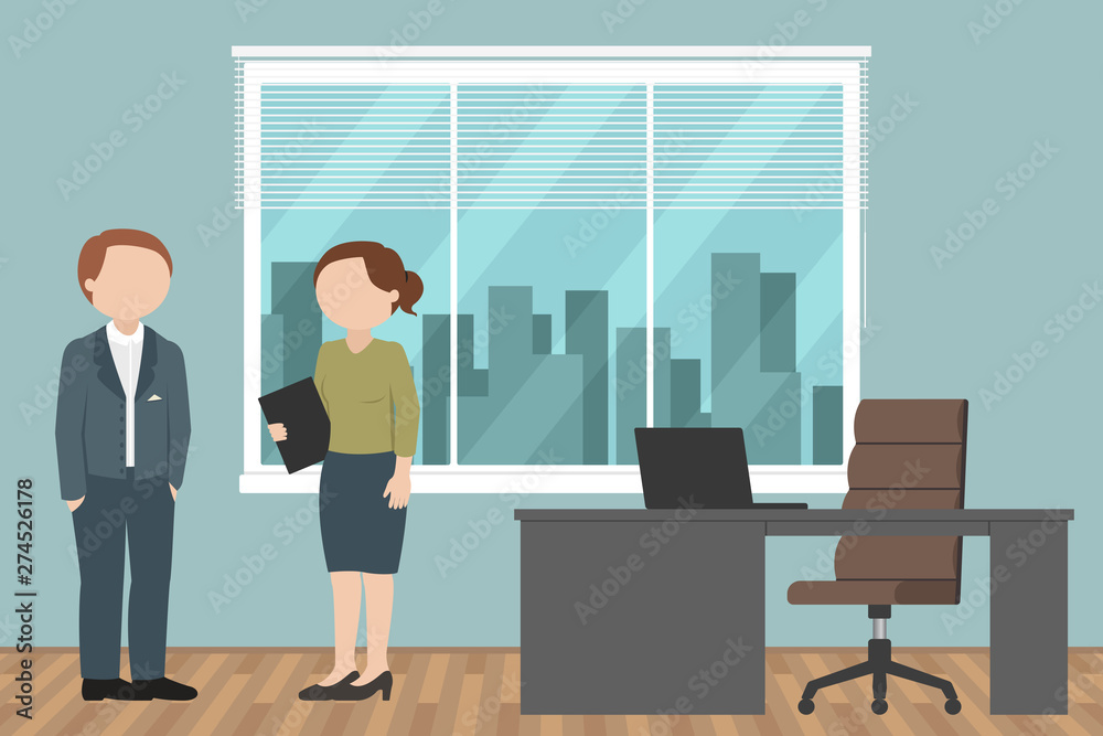 Businessman talking with his secretary. Office routine. Vector illustration.