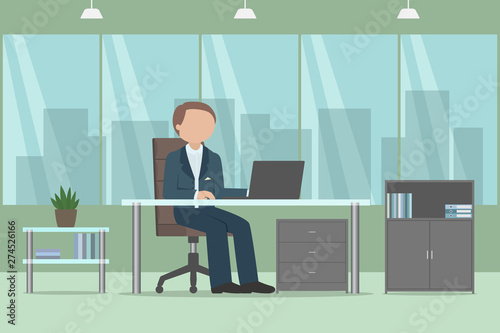 Manager sitting at desk and working. Office routine. Vector illustration.