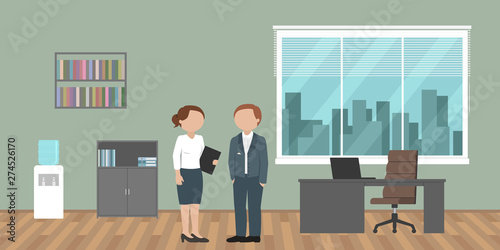 Boss talking with his secretary. Office routine. Vector illustration.