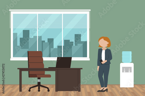 Businesswoman standing in her office. Vector illustration.
