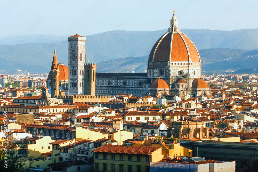 Fototapeta premium View to Cathedral Duomo Santa Maria del Fiore from Piazza Michelangelo square in Florence, Tuscany, Italy. April 2012