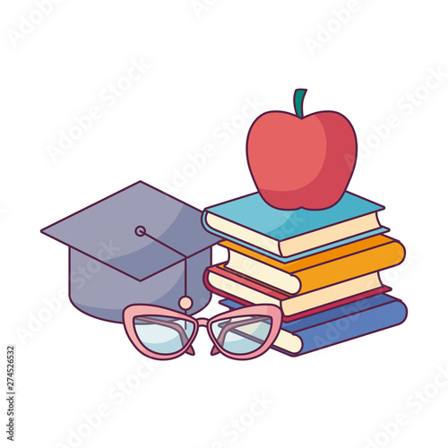 pile of textbooks with hat graduation and icon