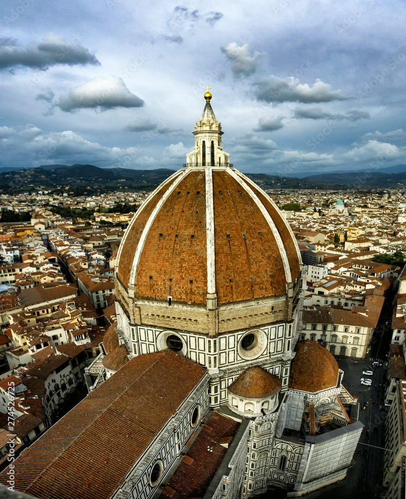 Cathedral Duomo Santa Maria del Fiore dome viewed from the top bell tower Campanile in Florence, Tuscany,  Italy. April 2012