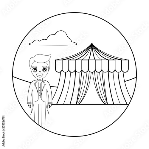 tamer male with tent circus in frame circular