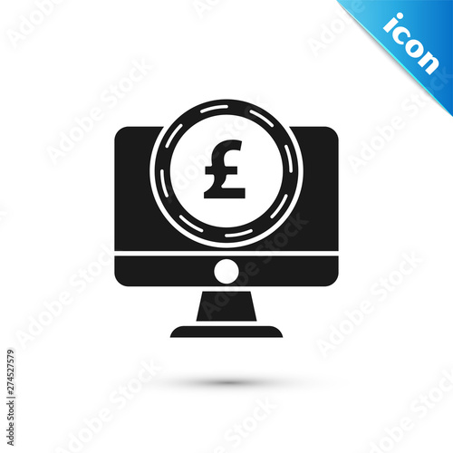 Black Computer monitor with pound sterling symbol icon isolated on white background. Online shopping concept. Earnings in the Internet. Vector Illustration