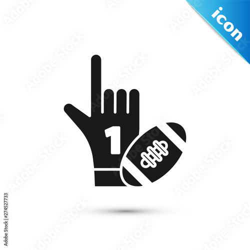 Black Number 1 one fan hand glove with finger raised and american football ball icon isolated on white background. Set of sport equipment. Vector Illustration
