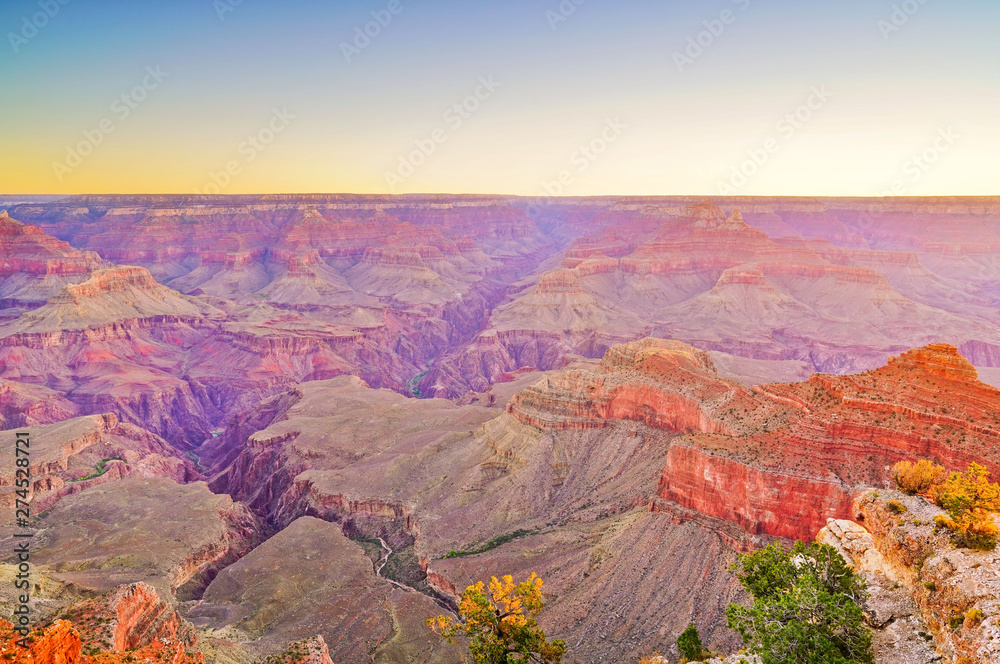 The beautiful view of Grand Canyon from the south rim of Grand Canyon National Park at sunrise.