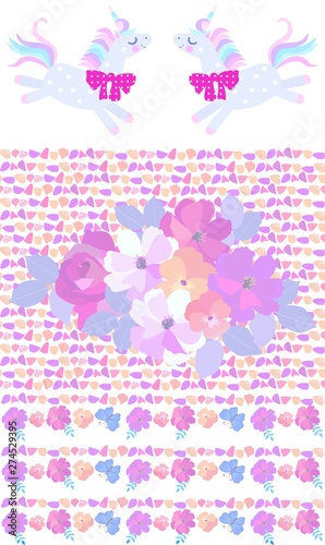 Collection of seamless and endless ornaments with petals, bunch of flowers and frolic unicorns on white background.