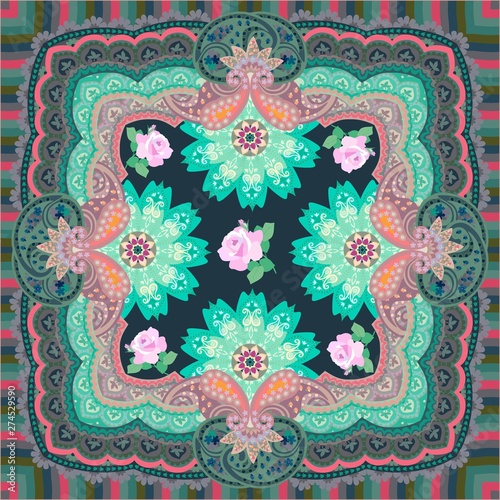 Luxury shawl, pillowcase or napkin with oriental ornament with mandala and paisley and gentle pink roses.