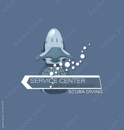 Underwater scooter with an arrow. Scuba diving. Service center. Emblem on a gray background. The concept of sports diving service.