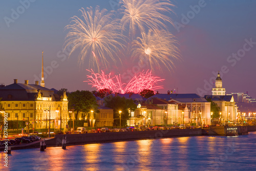Fireworks over University Embankment on a June night. Saint-Petersburg, Russia