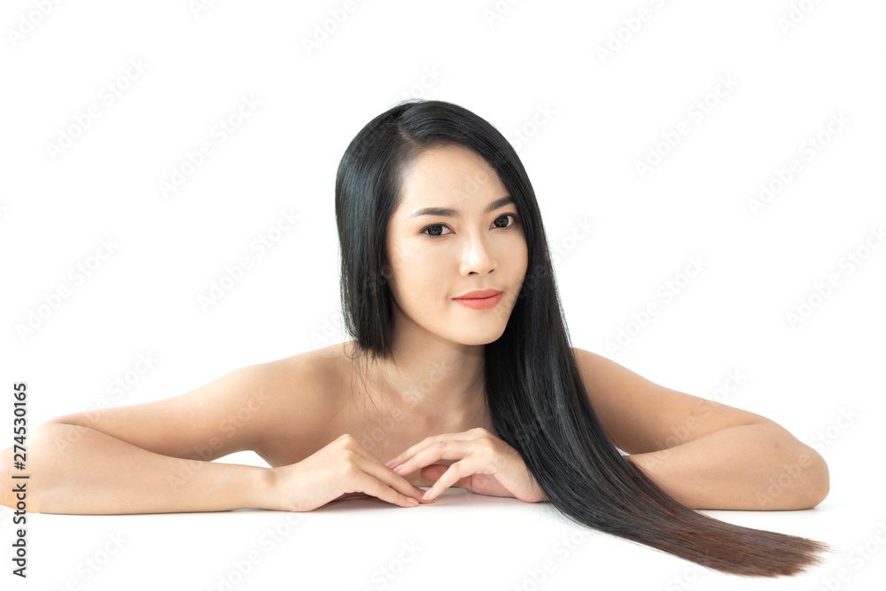 Beautiful woman beauty health care with black long shiny straight smooth hair isolated on white background.Hair cosmetics Beautiful woman beauty health care with black long shiny straight smooth hair isolated on white background.Hair cosmetics