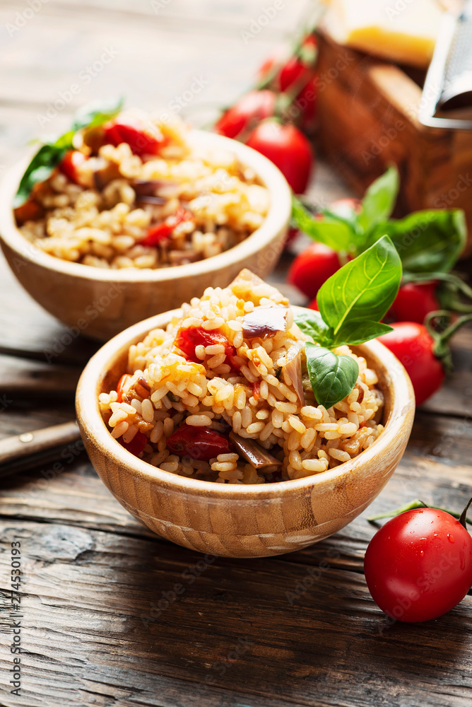 Vegetaian rice with onion, tomato and eggplant Vegetaian rice with onion, tomato and eggplant