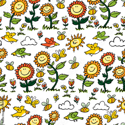 Vector colorful cartoon sunflowers  birds and bees repeat pattern. Suitable for gift wrap  textile and wallpaper.