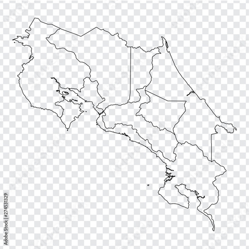 Blank map Costa Rica. High quality map of Costa Rica with provinces on transparent background for your web site design, logo, app, UI. Stock vector. Vector illustration EPS10. 