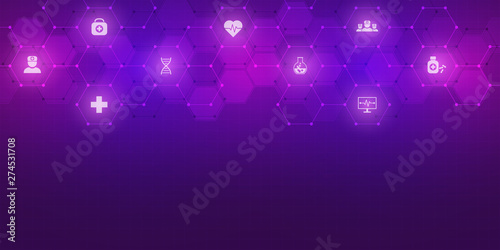 Abstract medical background with flat icons and symbols. Template design with concept and idea for healthcare technology, innovation medicine, health, science and research. © berCheck