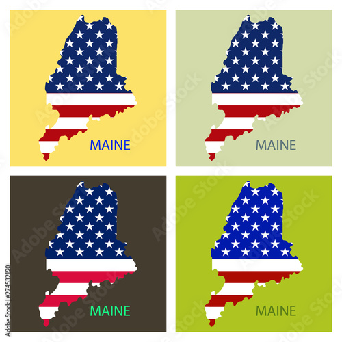 Maine state of America with map. Flag print on map of USA for geographic themes. Map of Maine state.