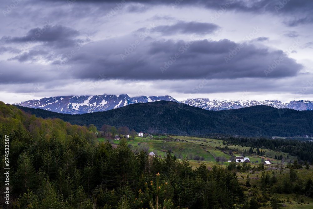 Montenegro, Snow on high mountains of durmitor national park next to zabljak hidden in clouds and surrounded by endless green forest land nature landscape