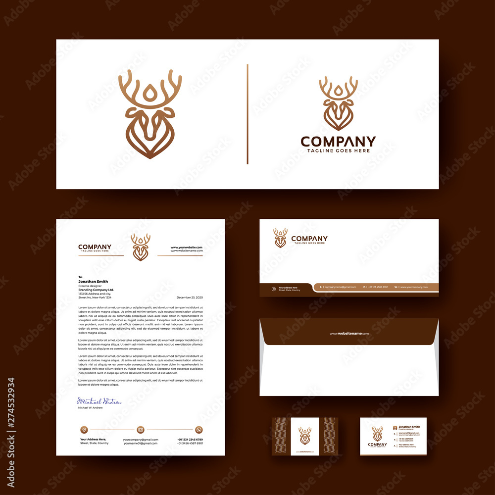 Corporate business stationery template with premium logo. Editable corporate identity template design with envelope, business card, and letterhead.