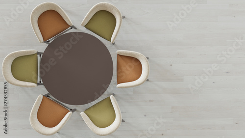 Empty Round Table with Six Bicolored Chairs 3D Rendering