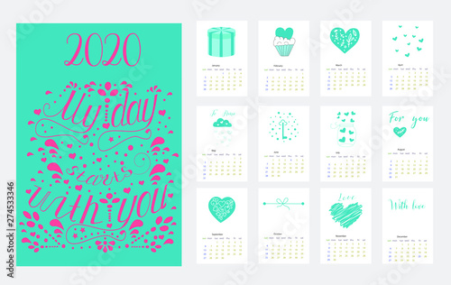 Calendar Layout for 2020 years.Simple design template,colorful vector typography set. Vertical calender.