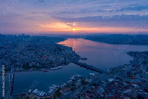 aerial view of istanbul golden horn at sunset