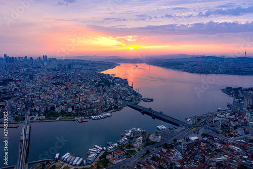 aerial view of istanbul golden horn at sunset