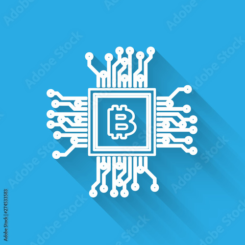 White CPU mining farm line icon isolated with long shadow. Bitcoin sign inside processor. Cryptocurrency mining community. Digital money. Vector Illustration