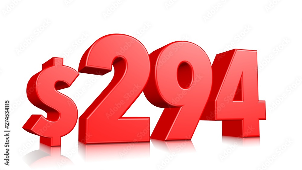 294$ Two hundred ninety four price symbol. red text number 3d render with dollar sign on white background 294$ Two hundred ninety four price symbol. red text number 3d render with dollar sign on white background