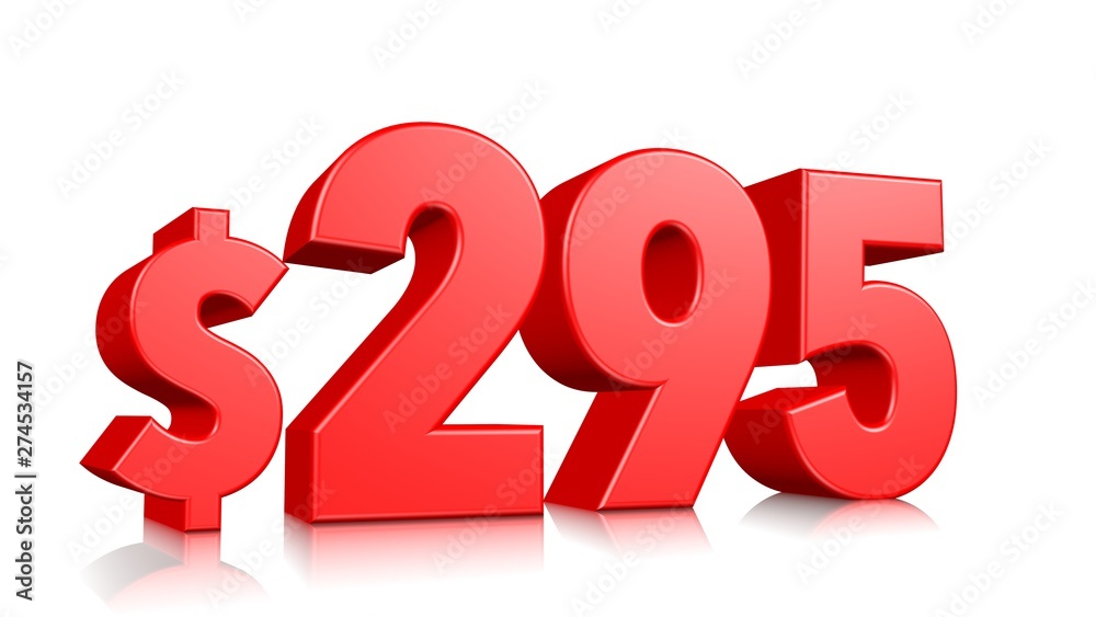 295$ Two hundred ninety five price symbol. red text number 3d render with dollar sign on white background 295$ Two hundred ninety five price symbol. red text number 3d render with dollar sign on white background