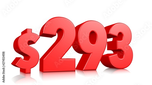293$ Two hundred ninety three price symbol. red text number 3d render with dollar sign on white background