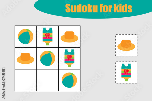 First Sudoku game with summer beach pictures for children, easy level, education game for kids, preschool worksheet activity, task for the development of logical thinking, vector illustration