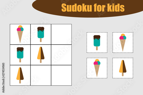 First Sudoku game with ice creams pictures for children, easy level, education game for kids, preschool worksheet activity, task for the development of logical thinking, vector illustration