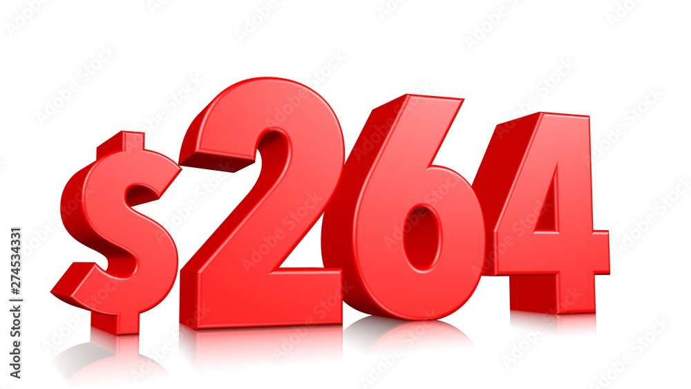 264$ Two hundred sixty four price symbol. red text number 3d render with dollar sign on white background 264$ Two hundred sixty four price symbol. red text number 3d render with dollar sign on white background