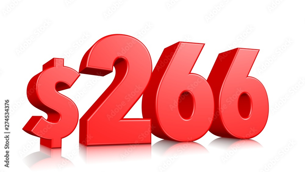 266$ Two hundred sixty six price symbol. red text number 3d render with dollar sign on white background 266$ Two hundred sixty six price symbol. red text number 3d render with dollar sign on white background