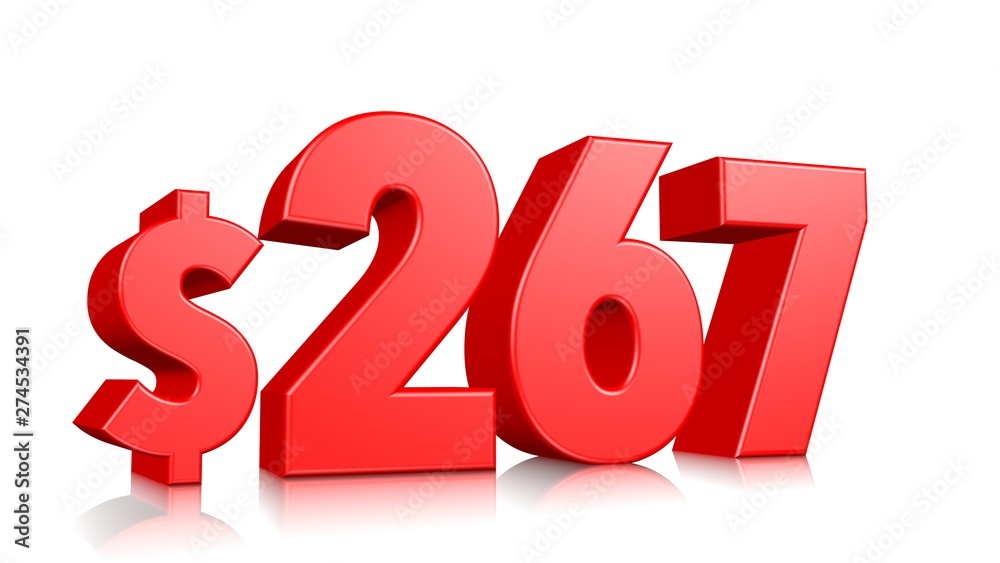 267$ Two hundred sixty seven price symbol. red text number 3d render with dollar sign on white background 267$ Two hundred sixty seven price symbol. red text number 3d render with dollar sign on white background