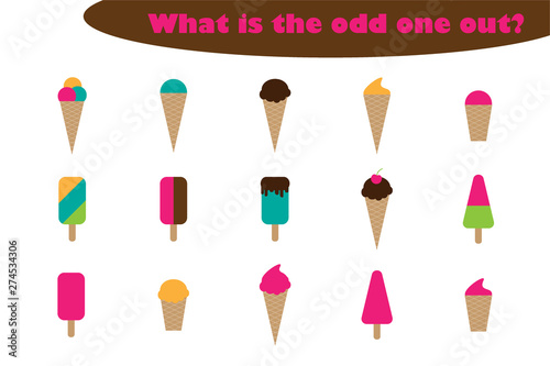 What is the odd one out for children, ice cream theme in cartoon style, fun education game for kids, preschool worksheet activity, task for the development of logical thinking, vector illustration
