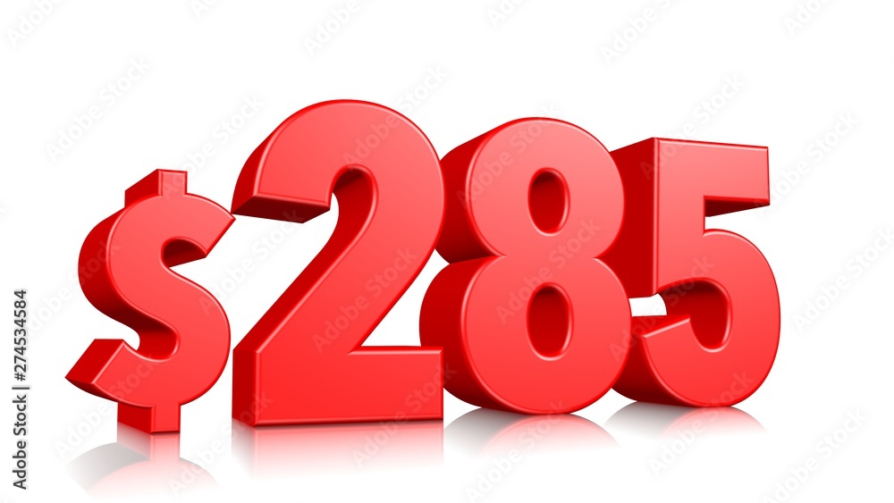 285$ Two hundred eighty five price symbol. red text number 3d render with dollar sign on white background 285$ Two hundred eighty five price symbol. red text number 3d render with dollar sign on white background