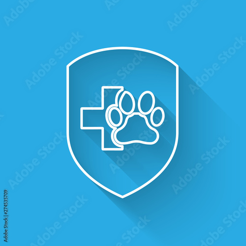 White Animal health insurance line icon isolated with long shadow. Pet protection icon. Dog or cat paw print. Vector Illustration