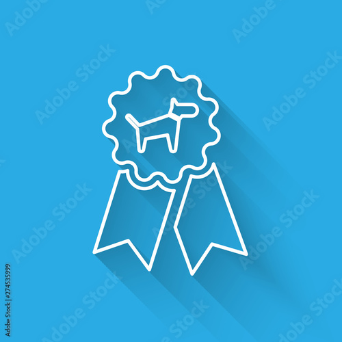 White Dog award symbol line icon isolated with long shadow. Medal with dog footprint as pets exhibition winner concept. Vector Illustration